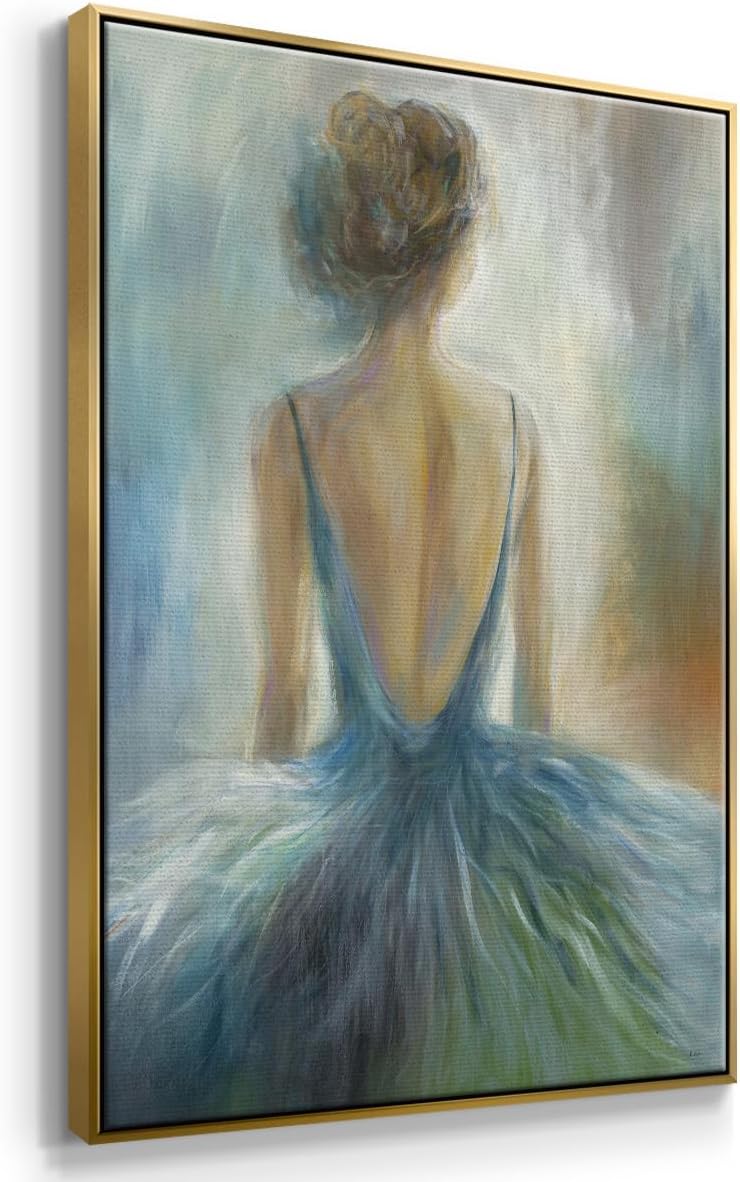 Renditions Gallery Abstract Wall Art Gold Floater Frame Prints Elegant Lady in Blue Dress Canvas Paintings for Office Bedroom Kitchen Walls - 25"x37" LT545 image 2