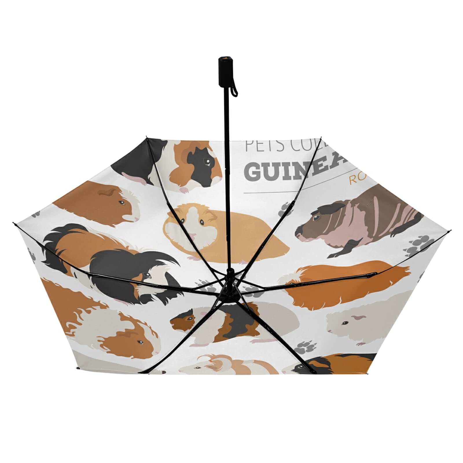 Guinea Pig Breeds Pet Rodents Isolated on White Compact Lightweight Folding Umbrella, Inner Print Sun Parasol with UV Protection, Strong Portable Travel Rain Umbrella