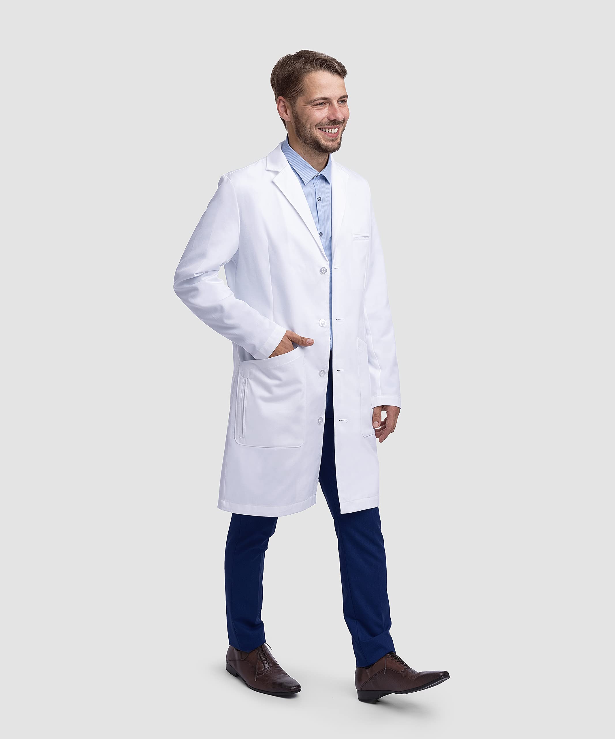 Dr. James profesjonalny fartuch laboratoryjny dla mężczyzn, częściowo dopasowany krój, wiele kieszeni, biały (XXL)