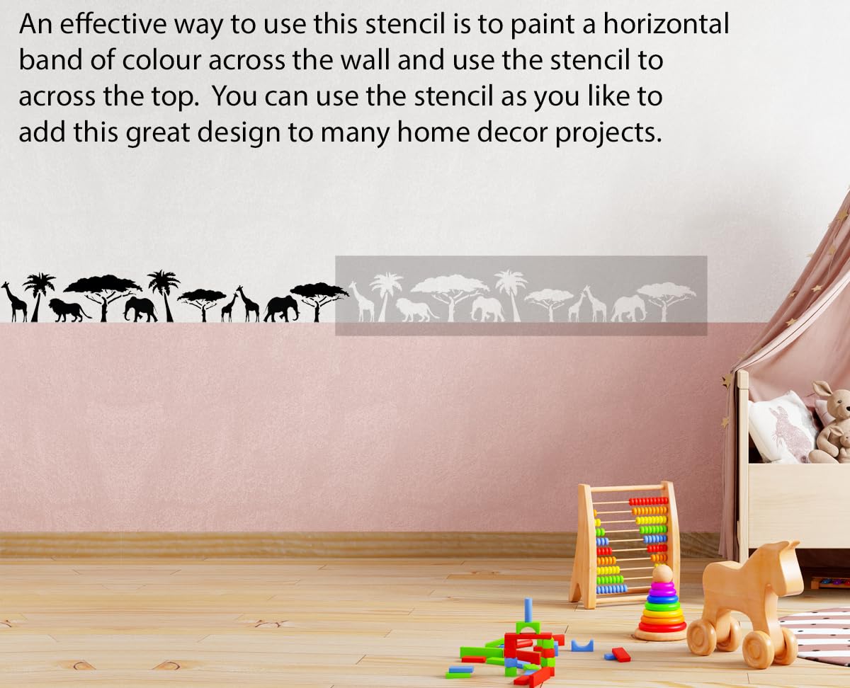 Pochoir pour bordure murale d'animaux de safari, désert africain avec arbres de style bohème pour chambre d'enfant, décoration murale, peinture sur mesure, métamorphose de chambre d'enfant (taille 15
