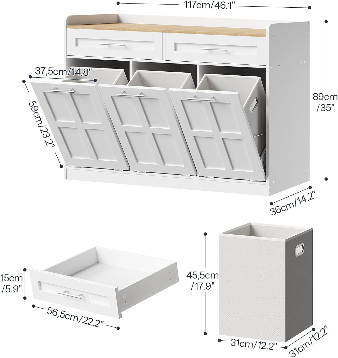 Diagram showing detailed dimensions of the HOOBRO laundry hamper cabinet, including overall size, drawer size, and basket size.
