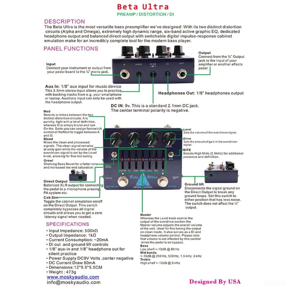 Spelonify Pedale di distorsione per basso con equalizzatore grafico a 6 bande, preamplificatore Overdrive Bass, amplificatore per cuffie per esercitazione, sim cabina diretta, unità effetti chitarra