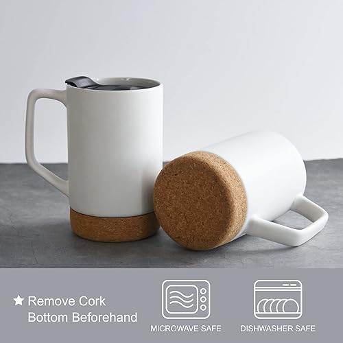 Miniatura 4 de Ceramic Coffee Mug Set of 2, 17 OZ Large Coffee Mug with Removeable Cork Bottom and Splash Proof Lid, Large Handle Coffee Mugs for Men and Women,