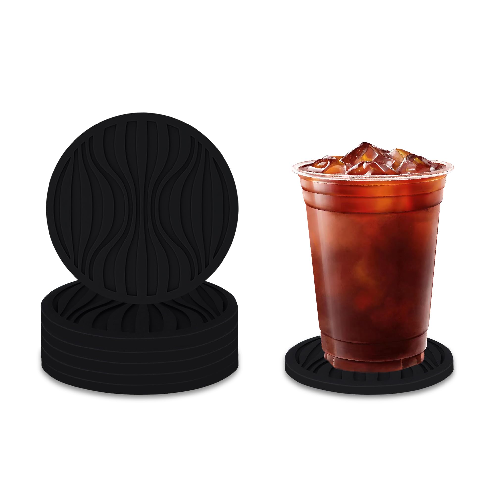 Silicone Coasters Set of 6 Non-Slip Heatproof Waterproof for Kitchen Dining Table Bar Home Decor Colorful Durable Easy Clean (Black)