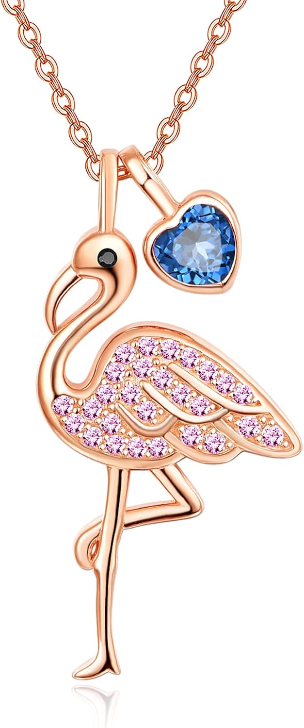TANGPOET Flamingo Birthstone Necklace Gifts for Women 925 Sterling Silver Flamingo Pendant Jewelry for Mothers Day Valentines Day Christmas Birthday with 18"+2" Chian
