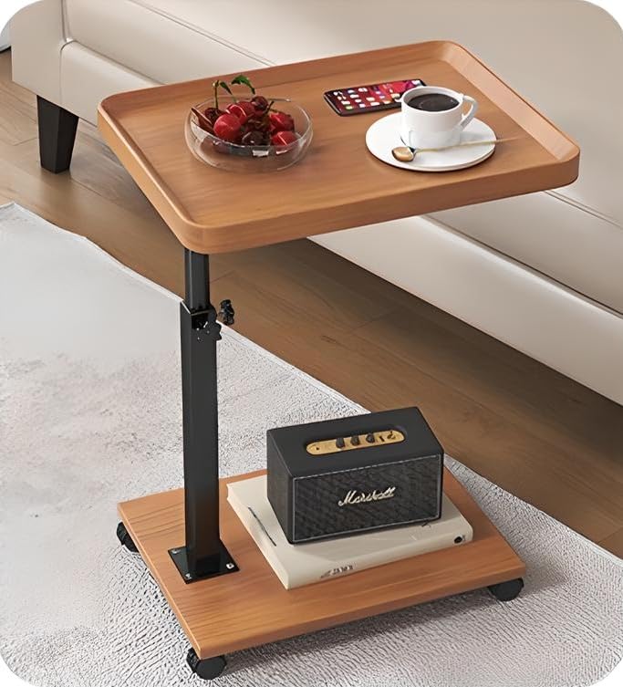 kiss me C Shaped Side Table, Height Adjustable Side Table 360°Swivel Couch Table with Wheels,Modern Small Coffee C Table End Table for Living Room Bedroom Balcony Patio (Wood Color 40 * 30 * 45~80cm)