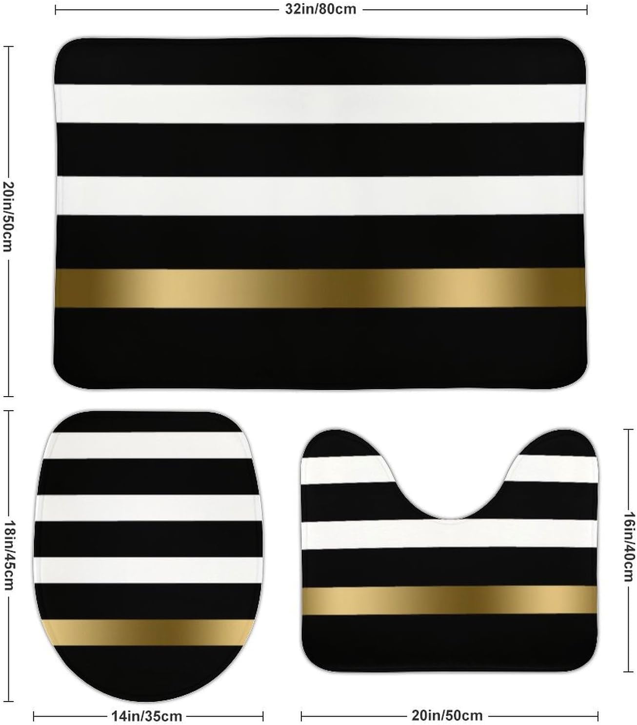 3 Pieces Bath Rug Sets, Black and White Stripes Pattern Gold Bathroom Mat Set Non Slip U Shaped Contour Rug & Toilet Lid Cover