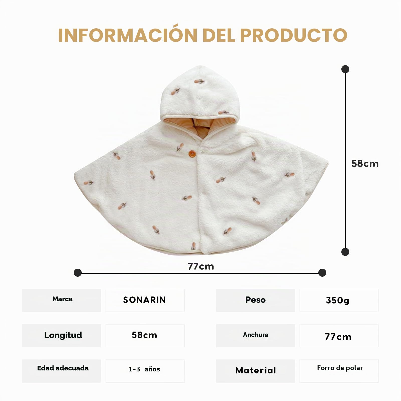 SONARIN Caliente Capa con Capucha para Bebé,Lindo Recien Nacido Poncho Abrigo Chaqueta Gruesa Niños Pequeños Traje de Invierno Ropa para Bebé Niñas Niños 1-3 Años