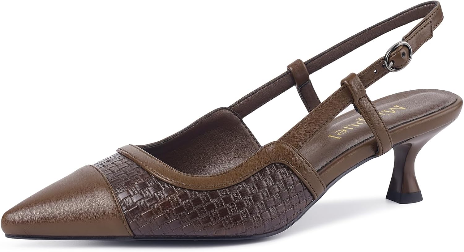 Woven Kitten Heels for Women Leather Pointed Toe Slingback Pumps Buckle Strap Comfo...