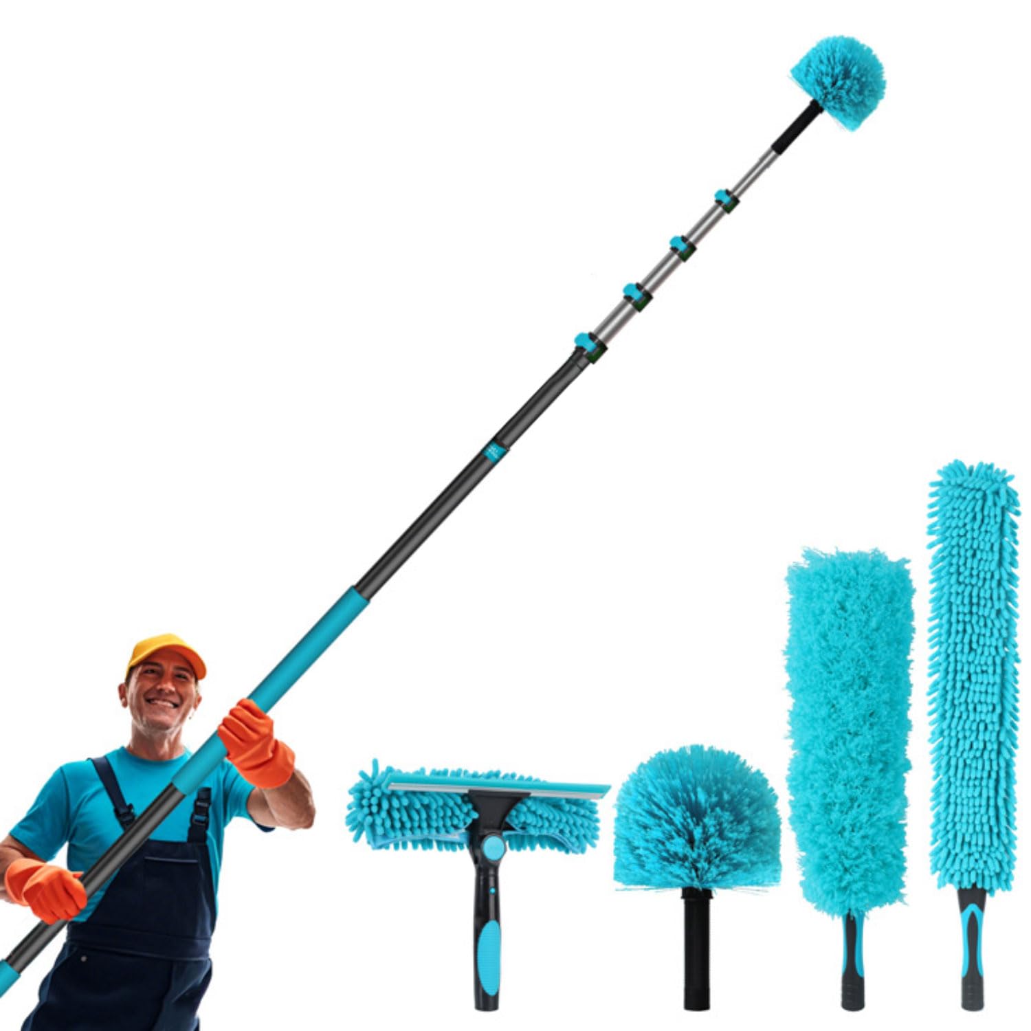 Kit per spolverare e strofinare telescopico con asta di prolunga, lavavetri e panni in microfibra per una pulizia completa della casa interna ed esterna