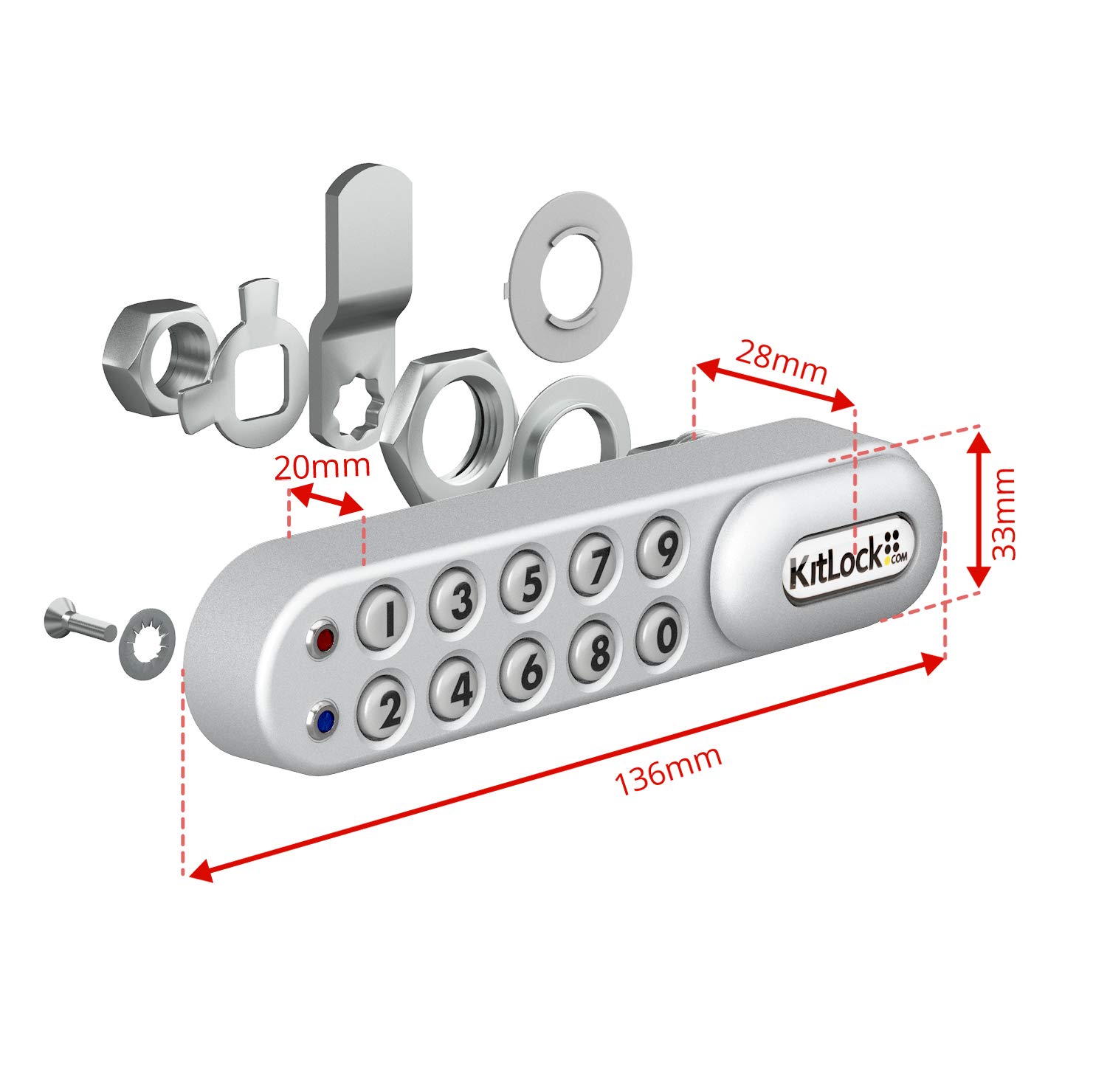 KitLock Elektronikschloss KL1000 | für Spinde Schließfächer und Möbel | schlüssellos mit Zahlenschloss | horizontal Linkshänder | silber