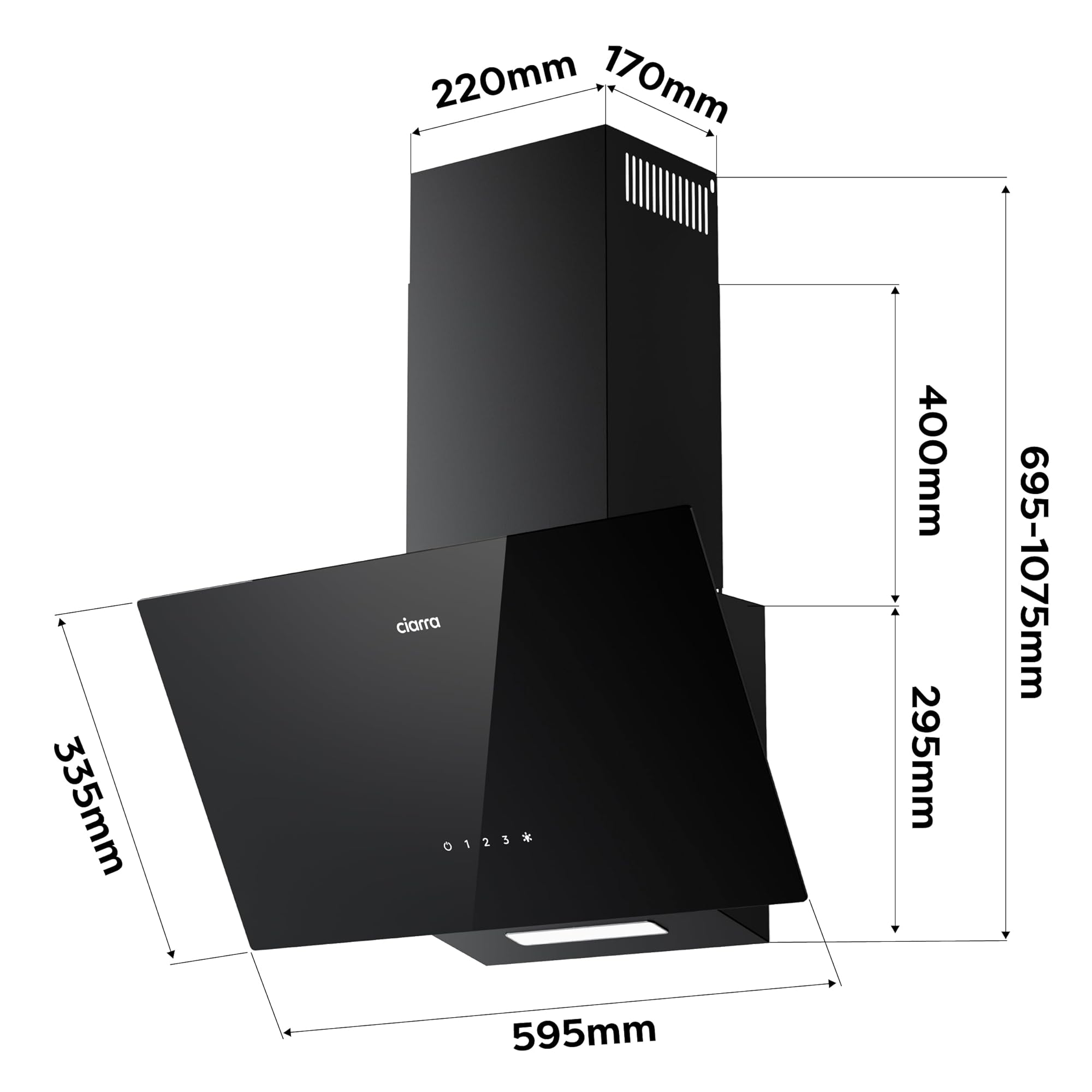 Ciarra CBCB6750C Classe A++ Cappa Aspirante Inclinata 60 cm – 350 m³/h - 3 Velocità - Touch Control - Filtro a Carboni CBCF002 Incluso - Modalità Scarico/Recycling - Design Salvaspazio