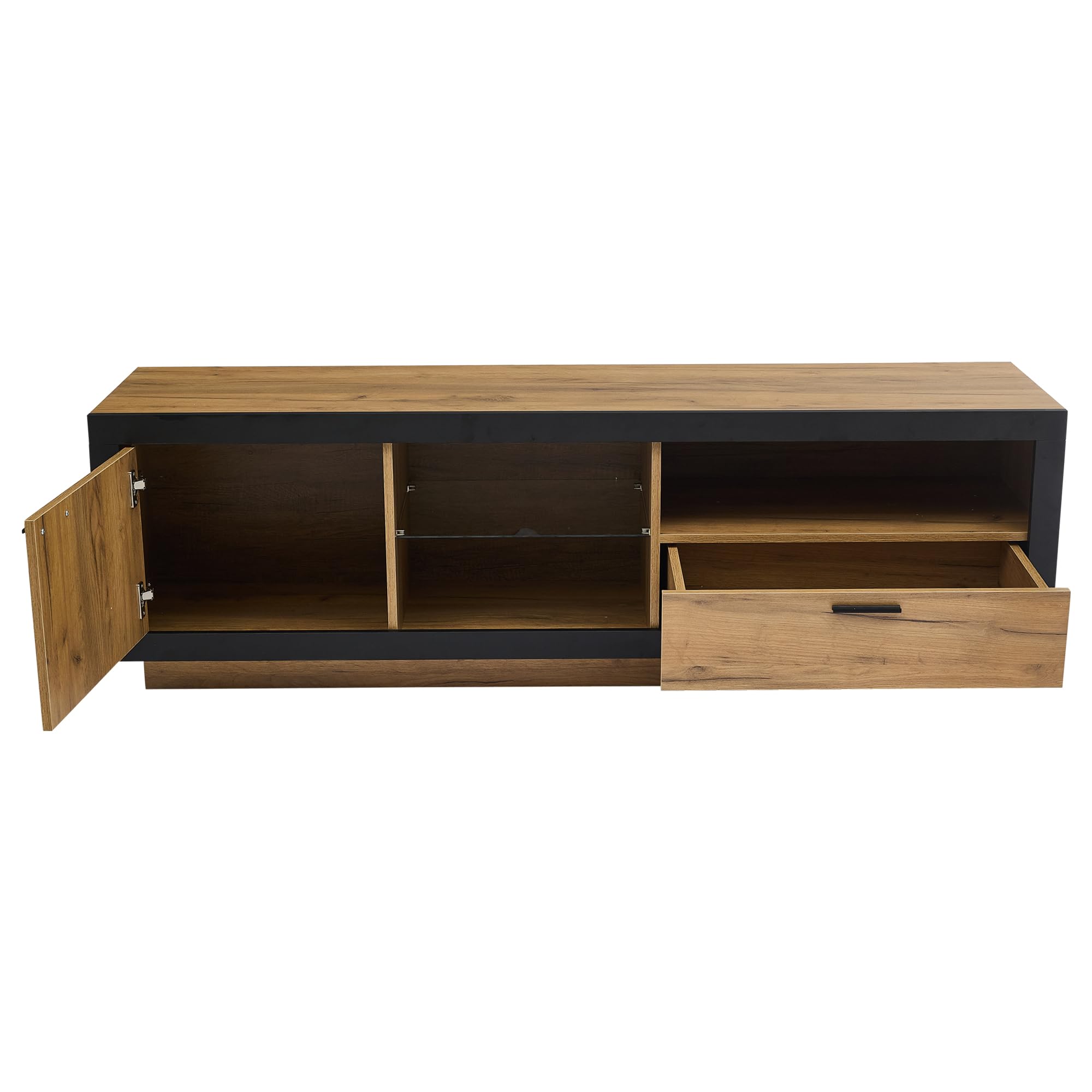 Szafka pod telewizor LED, nowoczesna szafka pod telewizor ze szklanymi półkami, do salonu, sypialni, konsola TV z miejscem do przechowywania, szafka gamingowa do telewizorów 70/65/55", czarna + dąb