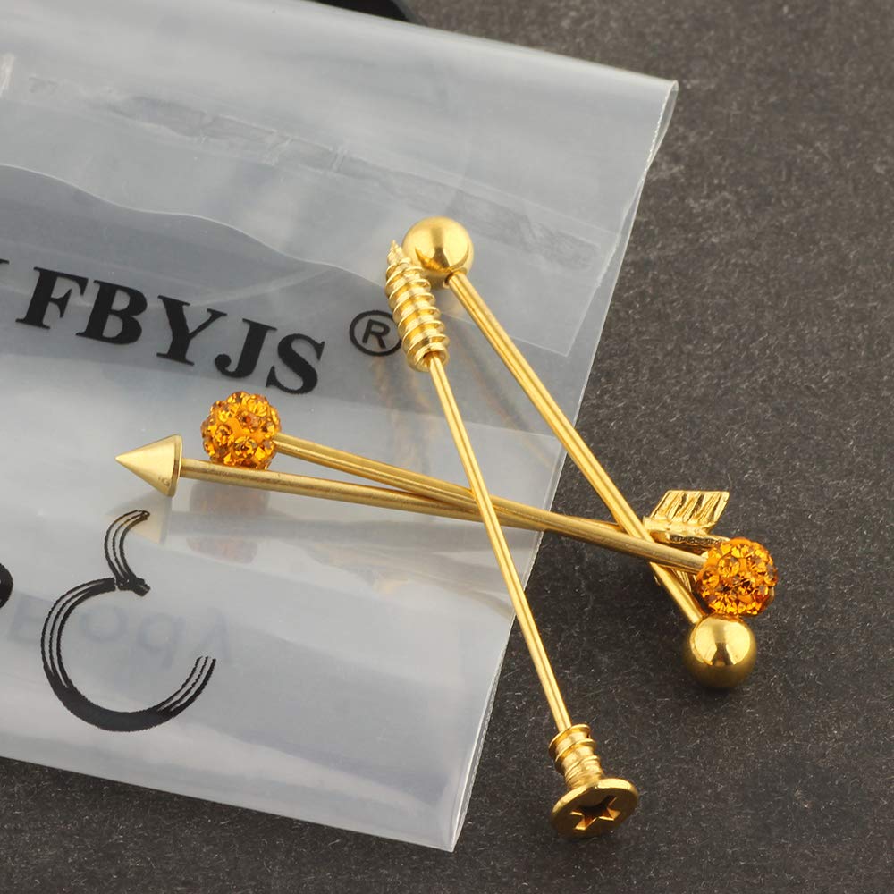 TIANCI FBYJS 9-16pcs 14G Industrial Piercing Stainless Steel Industrial Earrings Barbell with Chain Dangle for Women Men Cartilage Stud Industrial Piercing Jewelry 1 1/2 Inch 38mm: 4pcs Gold Color