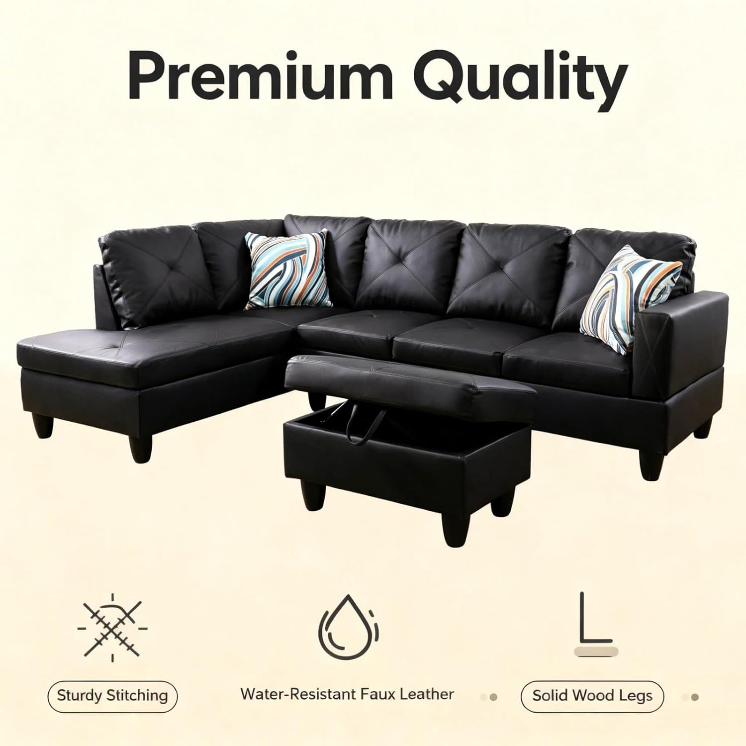 L-Shape Sofa with Storage Ottoman, Leather Sectional Couch with Left Chaise, Modern 3-Piece Sofa Set for Living Room, Upholstered Couch Set with Solid Wood Frame for Apartment, Loft, Black