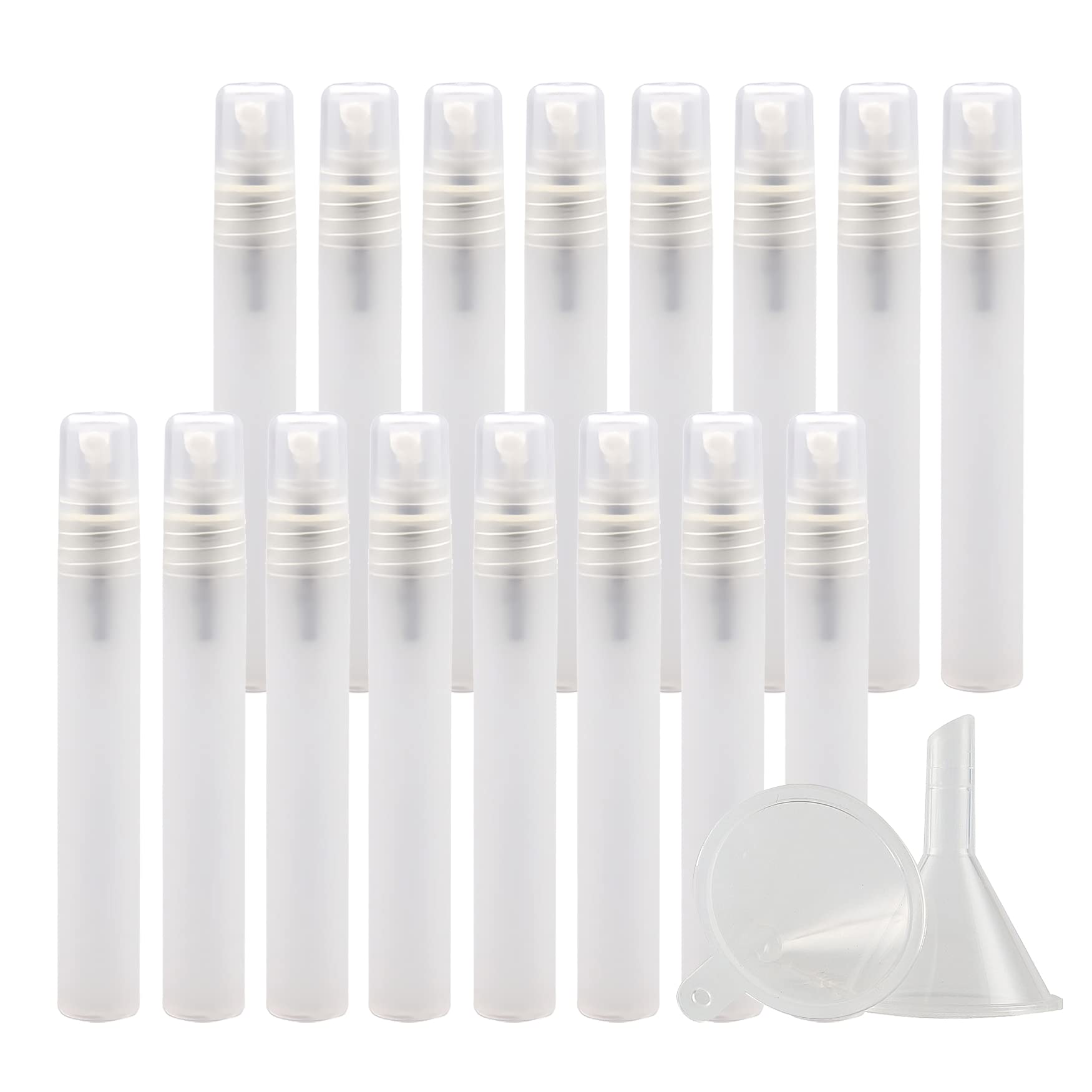 50 Piezas 10ml Botella de Spray Vacía Plástico Transparente Mate Atomizador de Viaje Conjunto de Botellas, con Pulverizador de Niebla Fina para Aromaterapiacon 5 Embudos