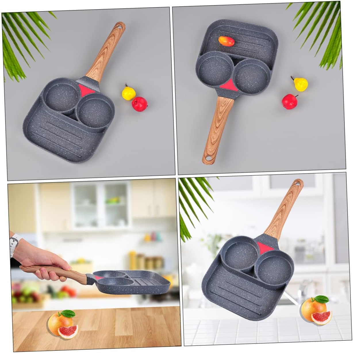 1pc Burger Pan Flat Skillet Egg Poacher Egg Griddle Four Holes Egg Cooker Wooden Handle, Assorted Color