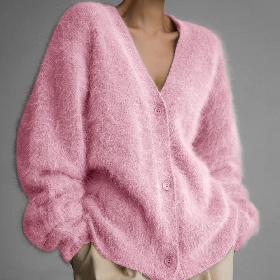 Fuzzy Mohair Sweater for Women Button Down V Neck Long Sleeve Knit Casual Lightweight Cardigan Jackets2