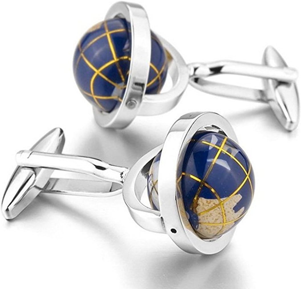 Really Spins Rhodium Plated Blue Globe Earth Cufflinks for Men with a Gift Box | mens globe cufflinks for father or boyfriend son groom best man