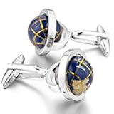 LBFEEL Really Spins Rhodium Plated Blue Globe Earth Cufflinks for Men with a Gift Box