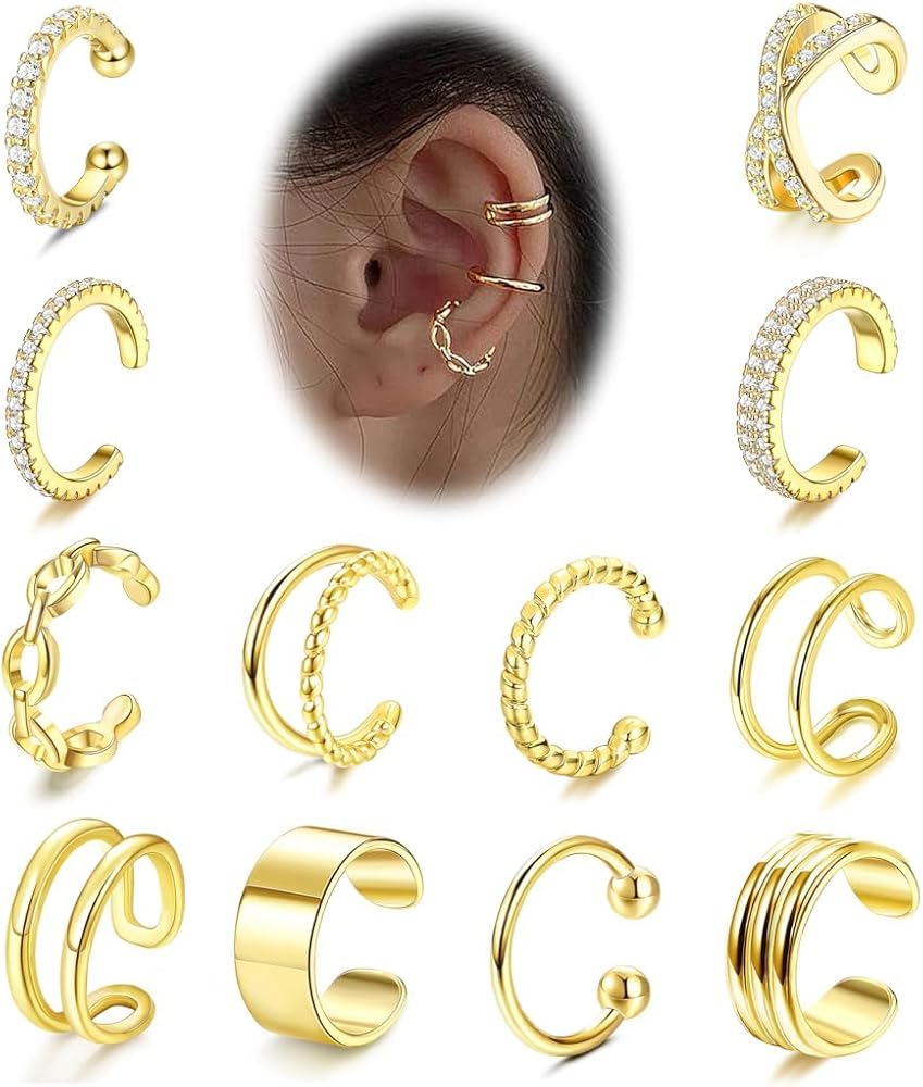 LOLIAS 12Pcs Ear Cuffs Orecchini Donna Regolabile Orecchini Senza Buco Donna Orecchini Finti Donna Orecchini Clip Cartilagine Non Piercing Orecchio Earcuffs Donna Oro