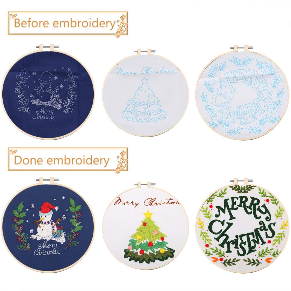 Kit Broderie Point De Croix Noël FOGAWA Complet - 3 Motifs, Fils, Aiguilles, Cerceau | Idéal Débutant, Cadeau Festif