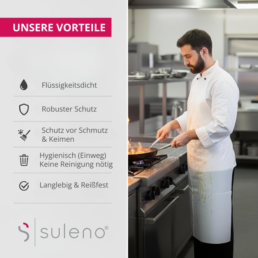 Suleno Einwegschürzen LDPE (100-300 Stück) weiß 20 µm Reißfeste | Plastikschürzen Einweg 75x130cm, Wasserdichte Einmalschürzen für Gastronomie, Küche, Catering, Hygieneschürzen Großpackung