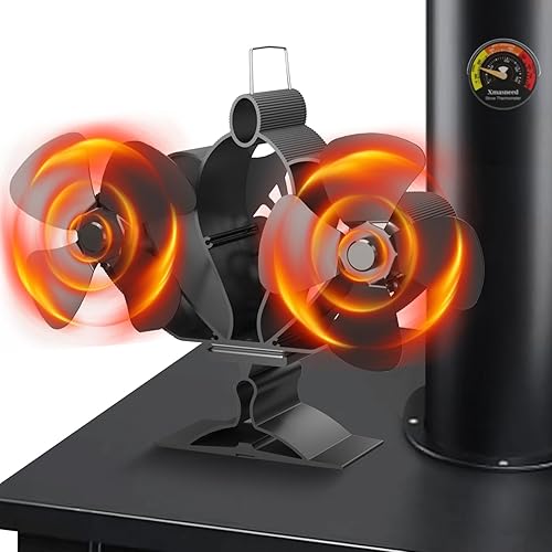 Wood Stove Fan Heat Powered, 8 Blade Wood Burning Stove Fans for Buddy Heater, Fireplace Fan Non-Electric, Heat Fan for Stove/Pellet/Log Burner (with Magnetic Thermometer), Dual Motors