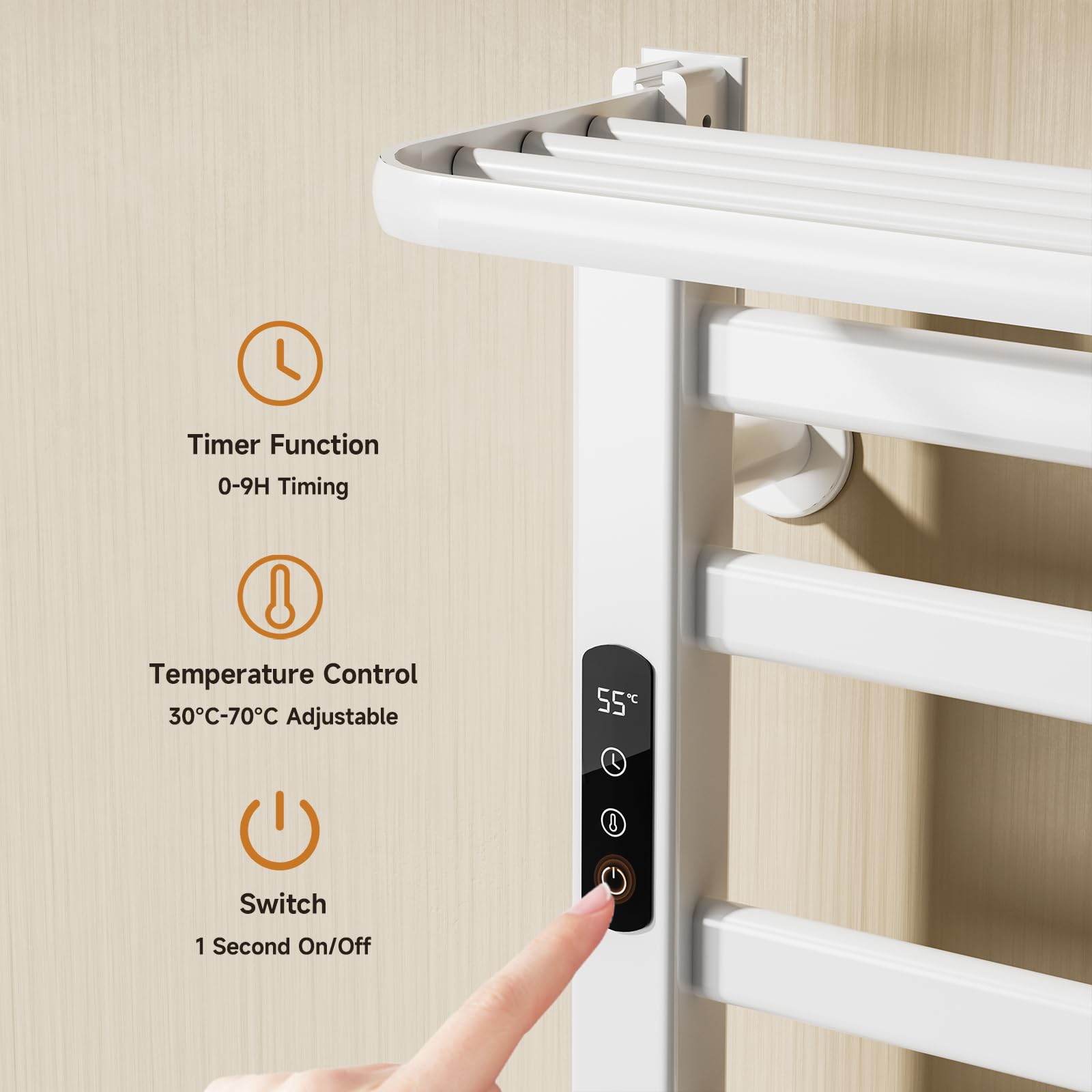 Handtuchheizkörper elektrisch,Badheizkörper elektrisch 500x500mm,Intelligenter thermostatischer Handtuchhalter,Weißer Wandmontierter Elektrischer Handtuchhalter,Mit Touch Schalter und Timer