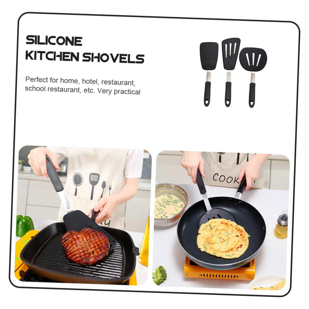 Hohopeti Juego de 3 Espátulas de Silicona Negras para Freír Huevos y Bistec, Utensilios de Cocina Antideslizantes Seguros para Restaurante y Hotel