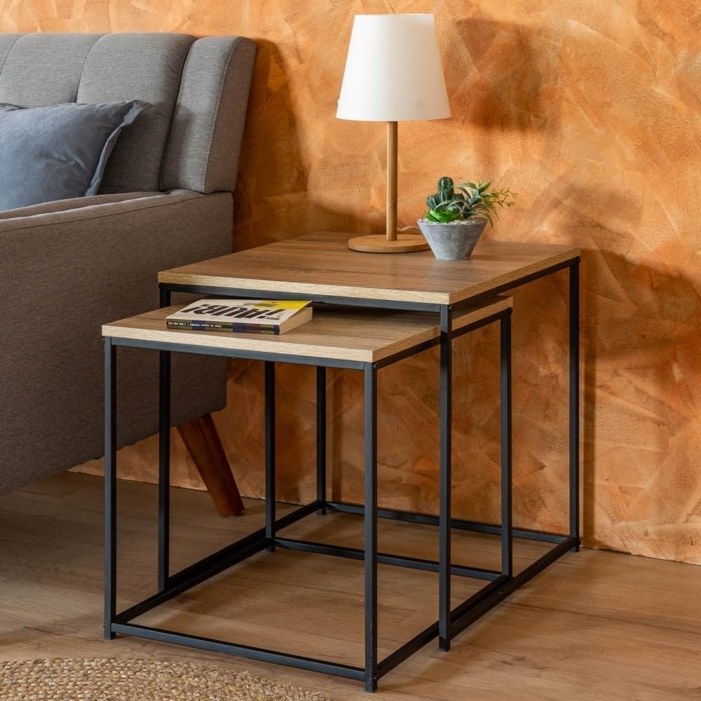 LOLAhome - Set 2 mesas de Centro Nido de 50x50 cm y 45x45 cm con diseño Moderno en Madera Natural y Estructura metálica Negra, Ideal como Auxiliar versátil para salón, Comedor u Oficina