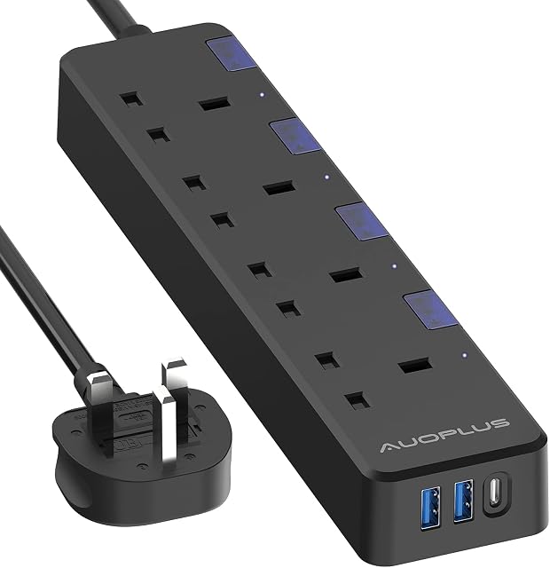 Extension Lead with Individual Switches,AUOPLUS 4 Way Socket Outlets Power Strips with 3 USB(5V/3.1A),1050J Surge Protection Plug Extension with 3M Black Cord ,13A 3250W,for Home, Kitchen, Office