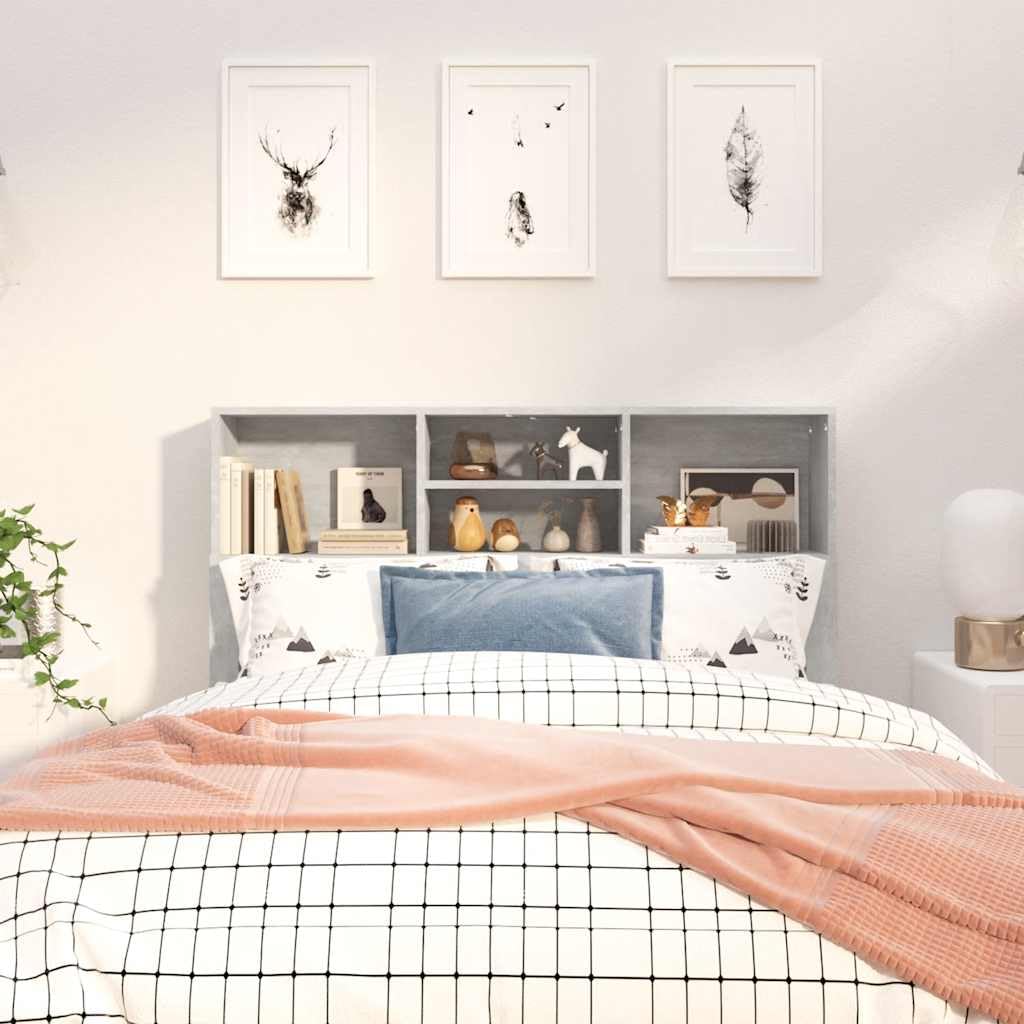 Mueble cabecero Gris hormigón de Madera contrachapada 120x19x103,5 cm con 4 Compartimentos para Dormitorio Juvenil y hogar, Soporte de Pared para Lectura y Descanso