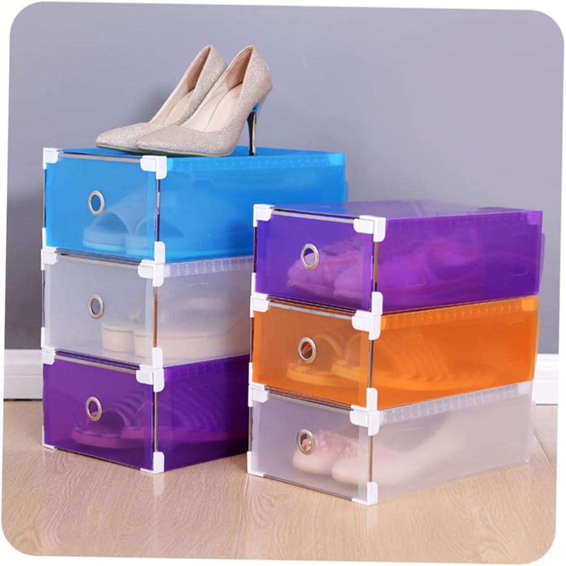 6-Pack Translucent Drawer Shoe Storage Boxes 31x20x11cm Plastic Organizer Drop-Front Design for Easy Access for Sneakers and Heels