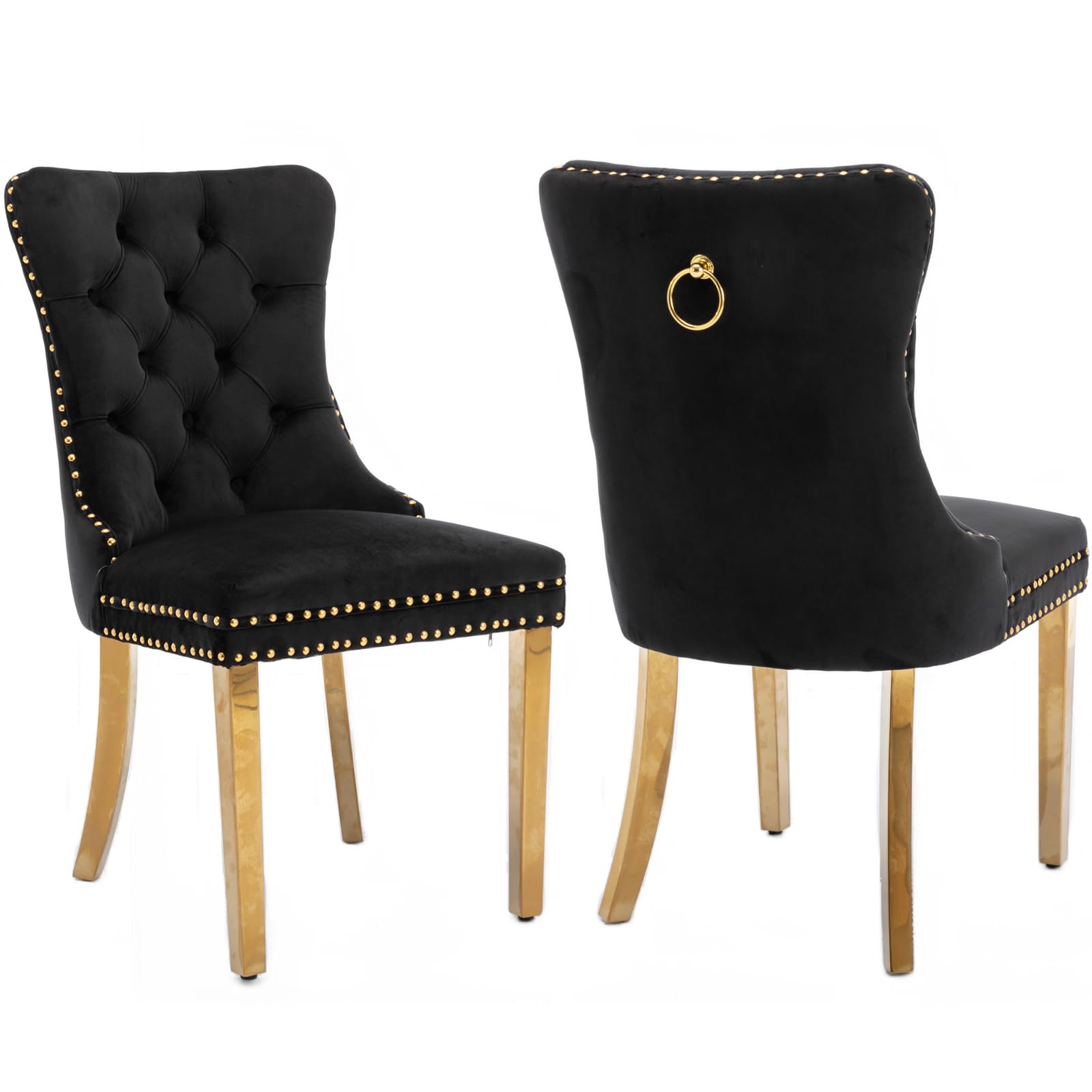 ODUSE-DAILY Velvet Dining Chairs Set of 2, Kitchen & Dining Room Chairs Set of 2, Tufted Dining Chairs, Velvet Upholstered, Golden Metal Legs (Black,