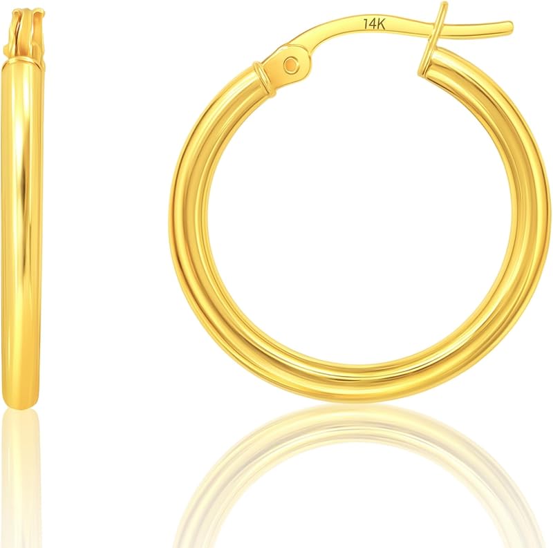10k or 14k Gold Hoop Earrings for Women | Hypoallergenic Small to Large 12MM to 50MM Hoop Earrings with Secure Click Tops | Yellow or White Gold Classic Hoops in 2MM Thick Tube by MAX + STONE
