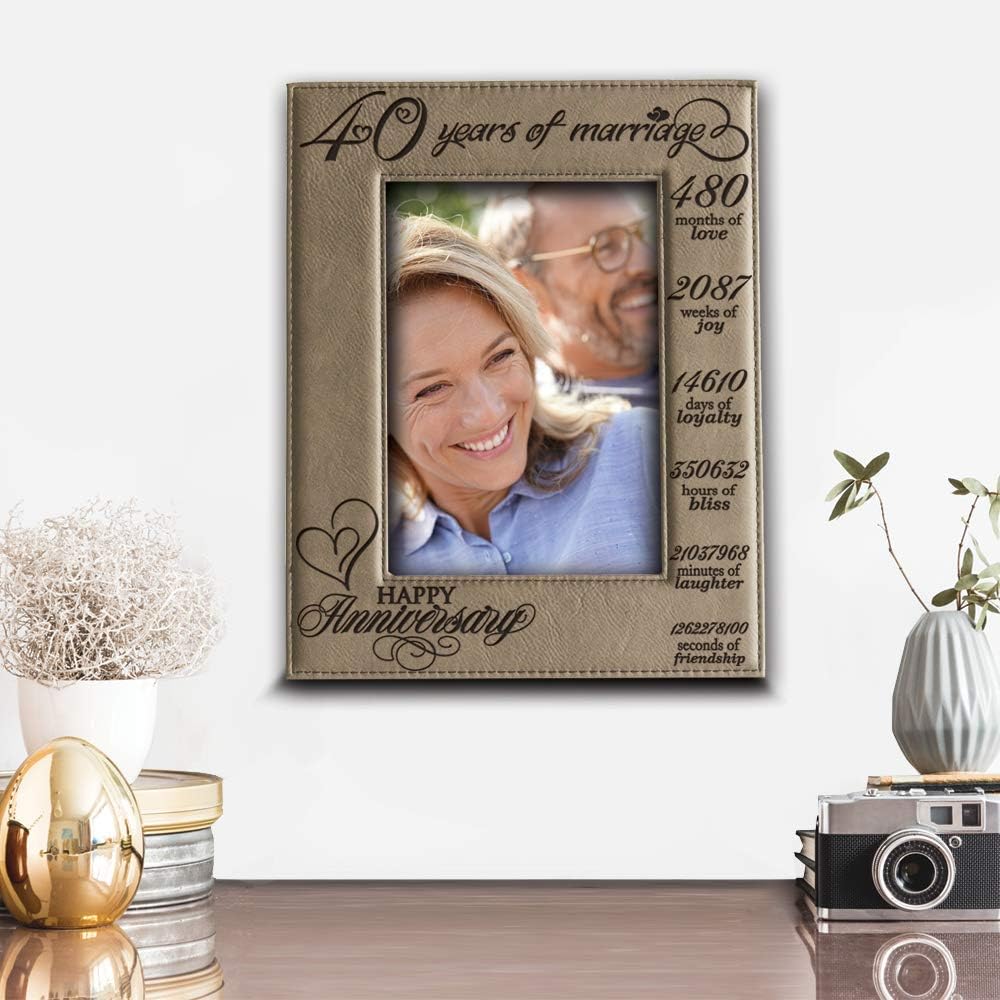 BELLA BUSTA 40 Years of Marriage- 40th Anniversary for Wife, Husband, Couple- Engraved Leather Picture Frame (5 x 7 Vertical)