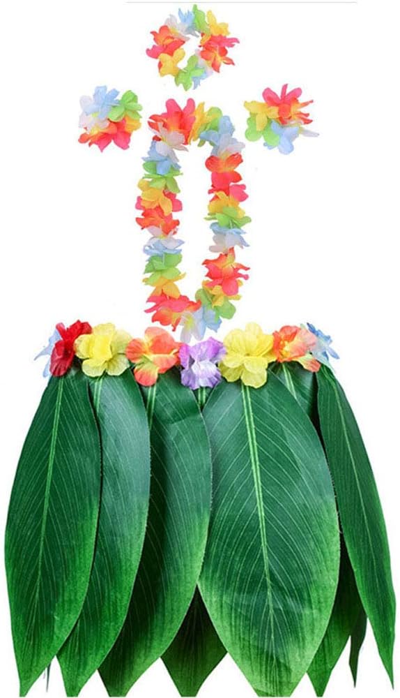 ZEKUI Green Ti Leaf Hula Hawaiian Skirt Leis Kits Tropical Dancer Grass Skirt with Flower Cosplay Costume for Beach Party