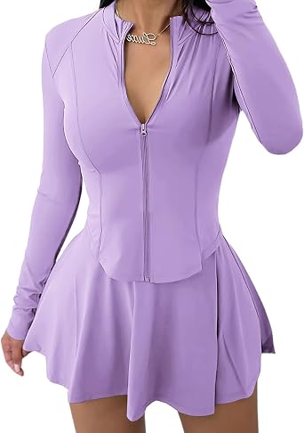 Vssjavun Women 2 Piece Mini Skirt Sets with Long Sleeve Zipper Workout Jacket Sweatsuit Tracksuit Tennis Outfits