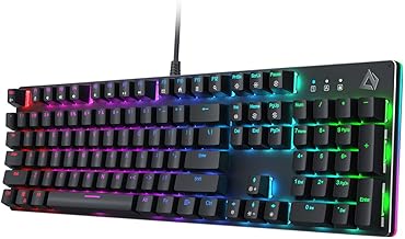 Mechanical Gaming Keyboard RGB Backlit 104 Keys, Blue Switches Customizable Key with 12 LED RGB Color Modes, 7 Levels Brightness and Speed Adjustment, USB Wired for PC Gamers