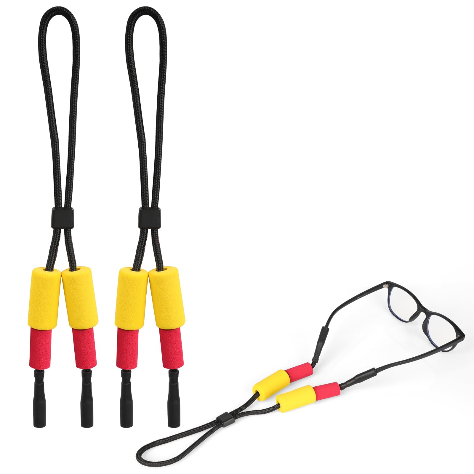 Confezione da 2 cinturini galleggianti per occhiali da sole, ideali per nuoto, snorkeling, rafting, colori brillanti, grandi fori per aste superiori a 5 mm (nero (2 paia)