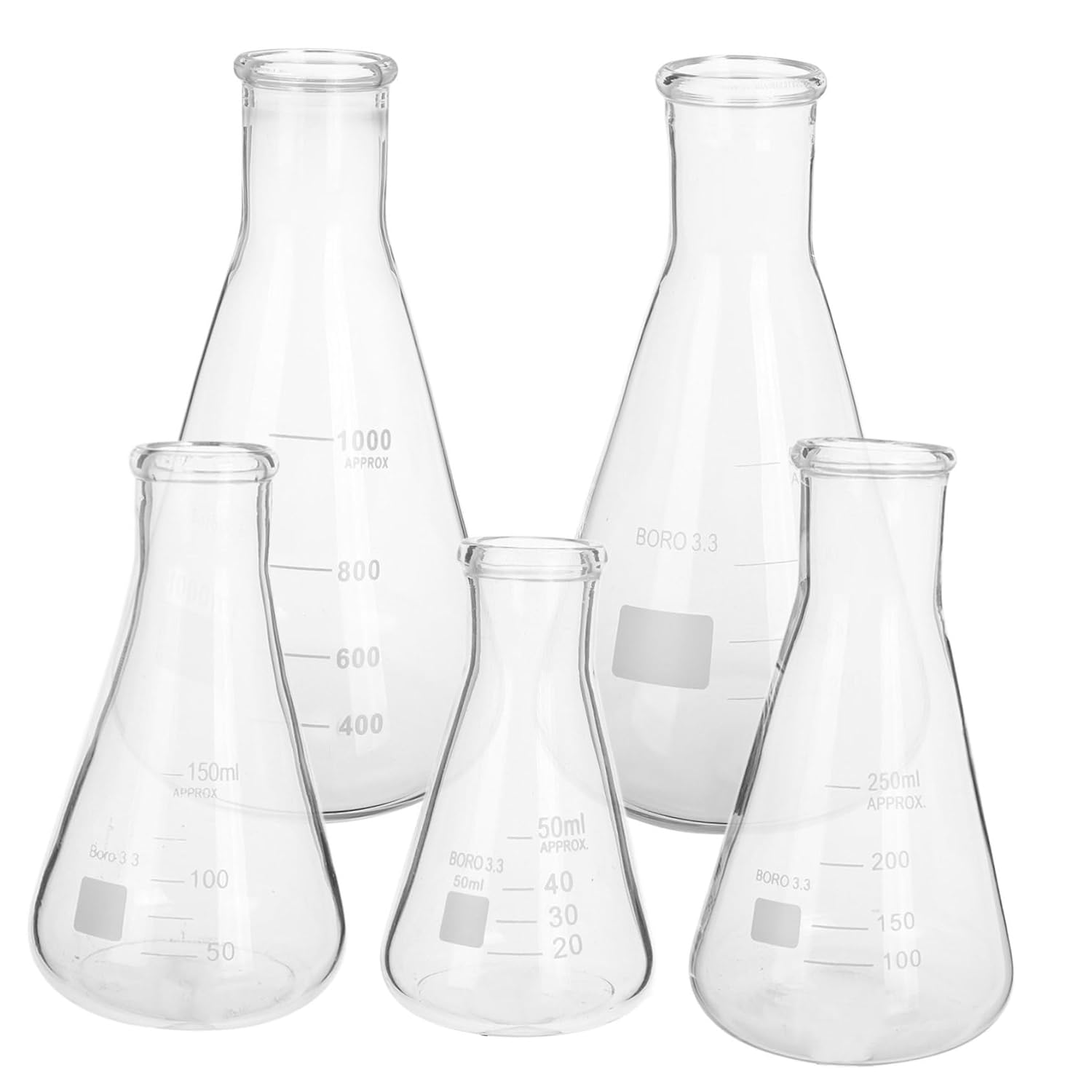 Alipis 5pcs Borosilicate Glass Erlenmeyer Flask Set Conical Lab Flasks High Temperature Resistant Narrow Mouth Science Beakers for Chemistry and Laboratory Use