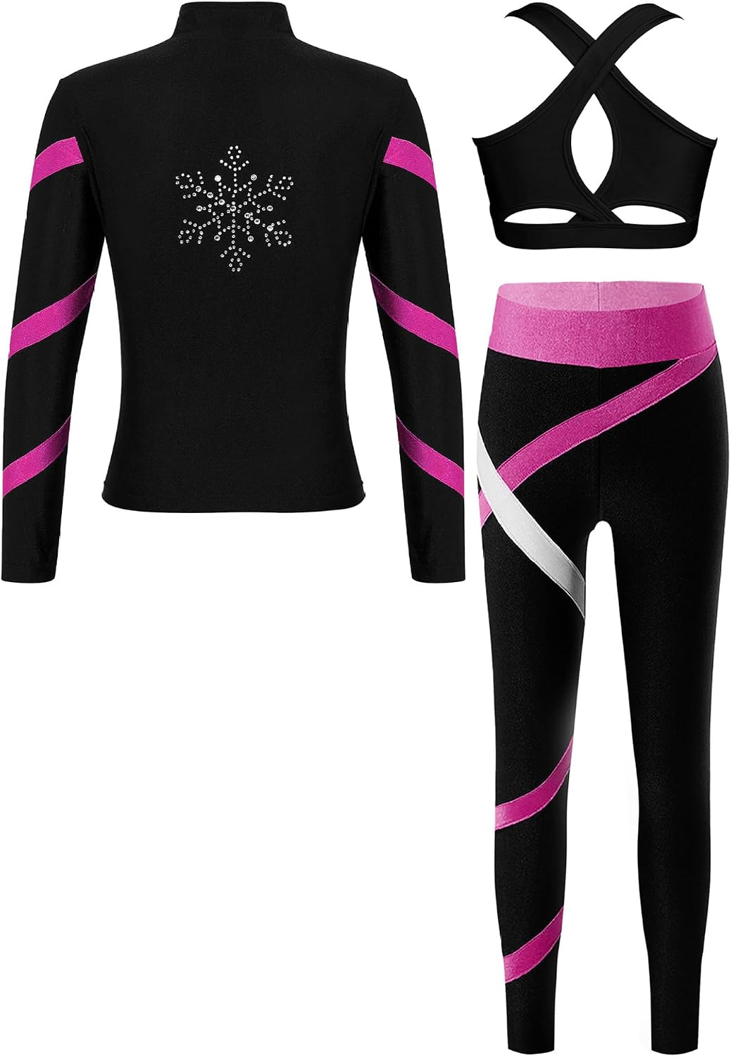 Kids Girls 3Pcs Skating Dance Gymnastic Set Zip Up Fleece-Lined Jacket Sports Bra with Leggings Set