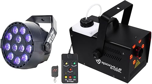 (1) Rockville R1200L máquina de niebla/humo con luces LED / estroboscópica, 7 canales DMX+2 mandos a distancia con (1) mini par UV LED DMX par puede