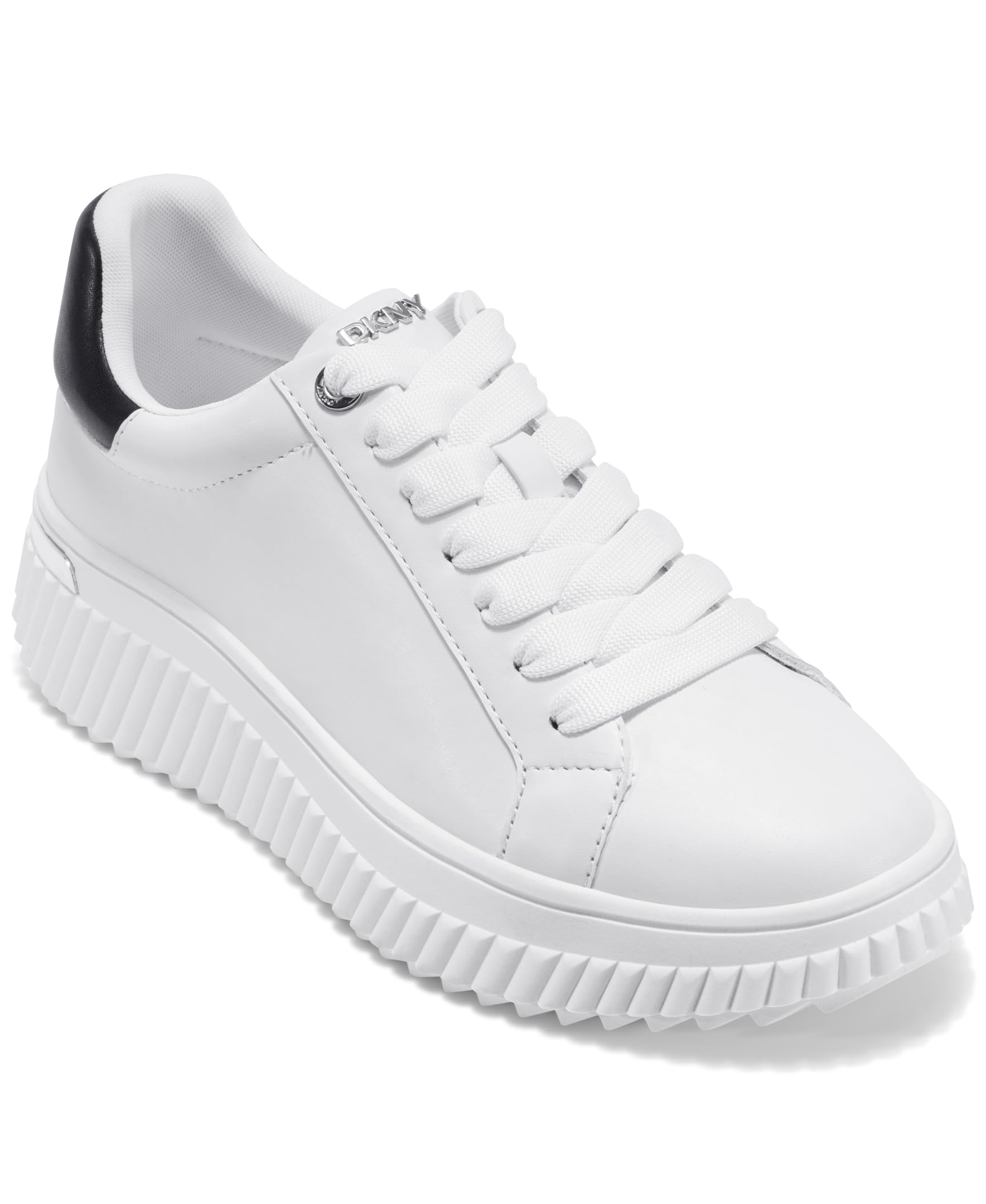 DKNY Women's Lobeco Lace Up Platform 50 mm Trainers, White and Black, 37.5 EU