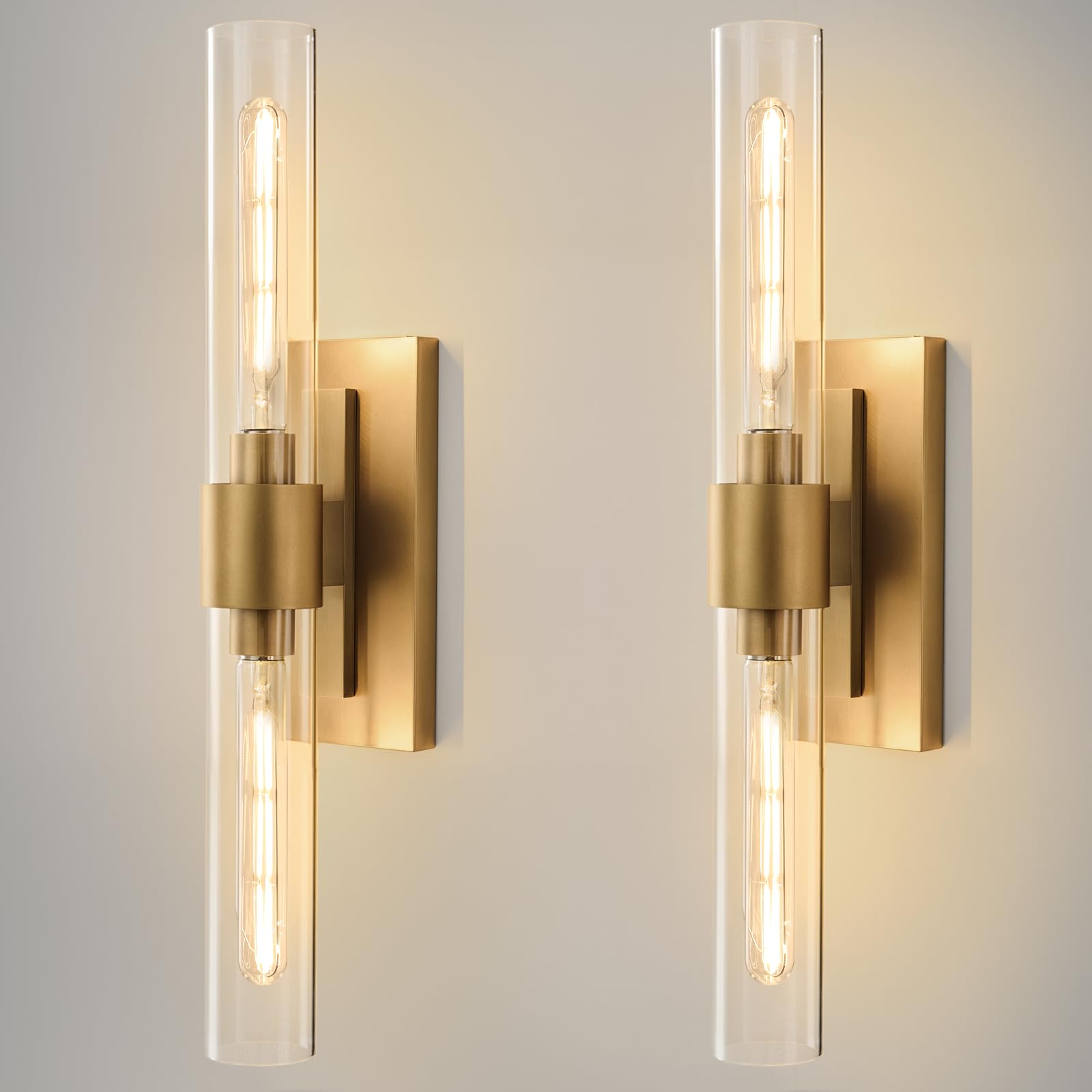 Photo 1 of Champagne Brass Bathroom Wall Sconce - Set of 2 Modern Gold Light Sconces - Clear Glass Tube Vanity Lights - Vertical or Horizontal Mounted Dimmable Lighting Fixtures for Indoor Living Room Hallway