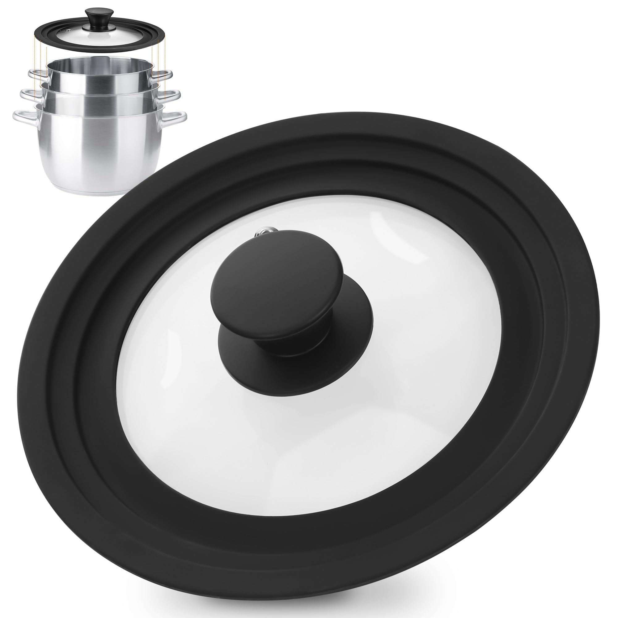 JIZZU Universal Lid for Pots, Pans and Skillets– Fits 24cm, 26cm and 28cm Diameter Cookware, Frying Pan Cover Tempered Glass Lid with Heat Resistant Silicone Rim