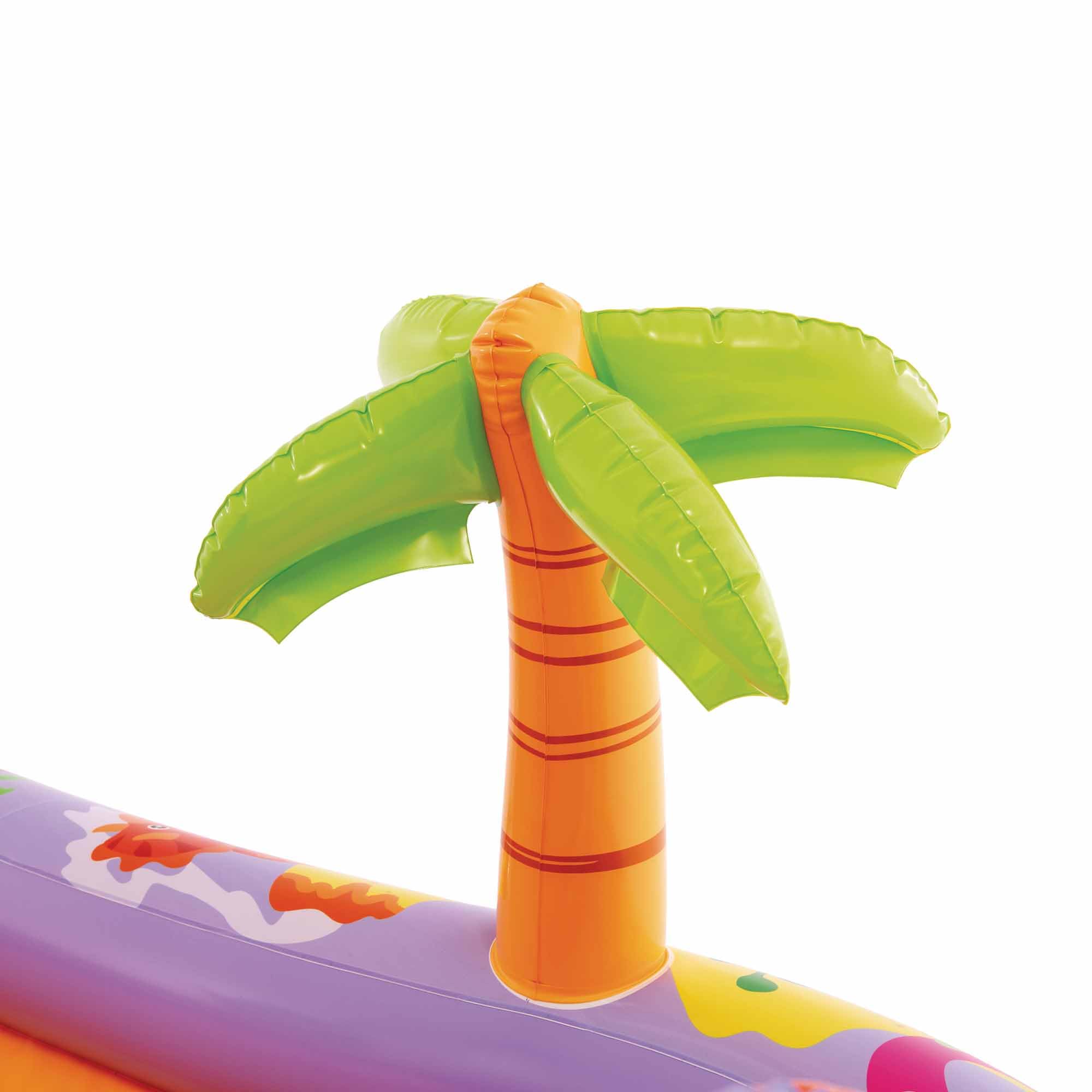 Intex Dino Park Wasserspielzentrum 201 x 157 x 69 cm aufblasbarer Dinosaurier Rutsche mit gepolstertem Boden Wassersprüher Kugelset max. 54 kg ab 2 Jahren