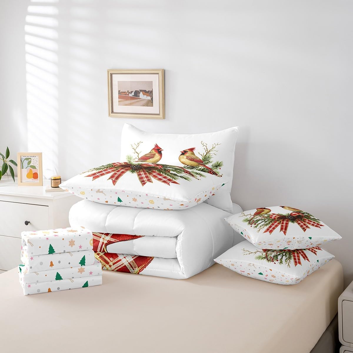 Feelyou Red Cardinal Comforter Set Queen Size 7 Pieces Kids Christmas Boys Girls Xmas Winter Pinecone Bedding Set Red White Plaid Bow Bed in a Bag with Comforter, Sheets, Pillowcases & Cushion Cover