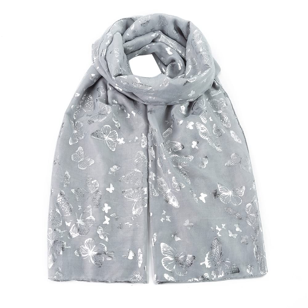 London Scarfs New Ladies Women's Glitter Foiled Flamingo,Swallow Birds & Butterfly Print Scarfs (Silver With Silver foil Butterfly)